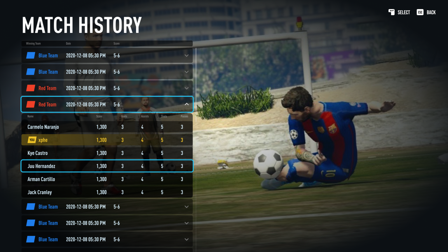 Match history with per-player stats
