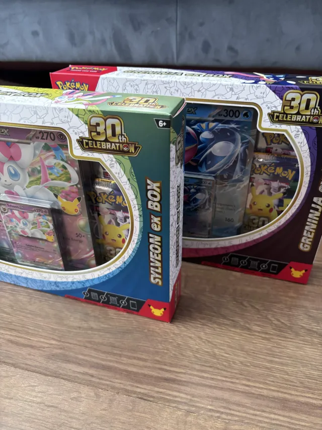 Two Pokémon 30th Celebration ex boxes, Sylveon and Greninja