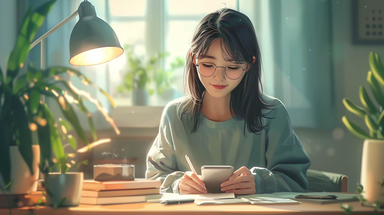 スマホを見ながら確認をしている女性