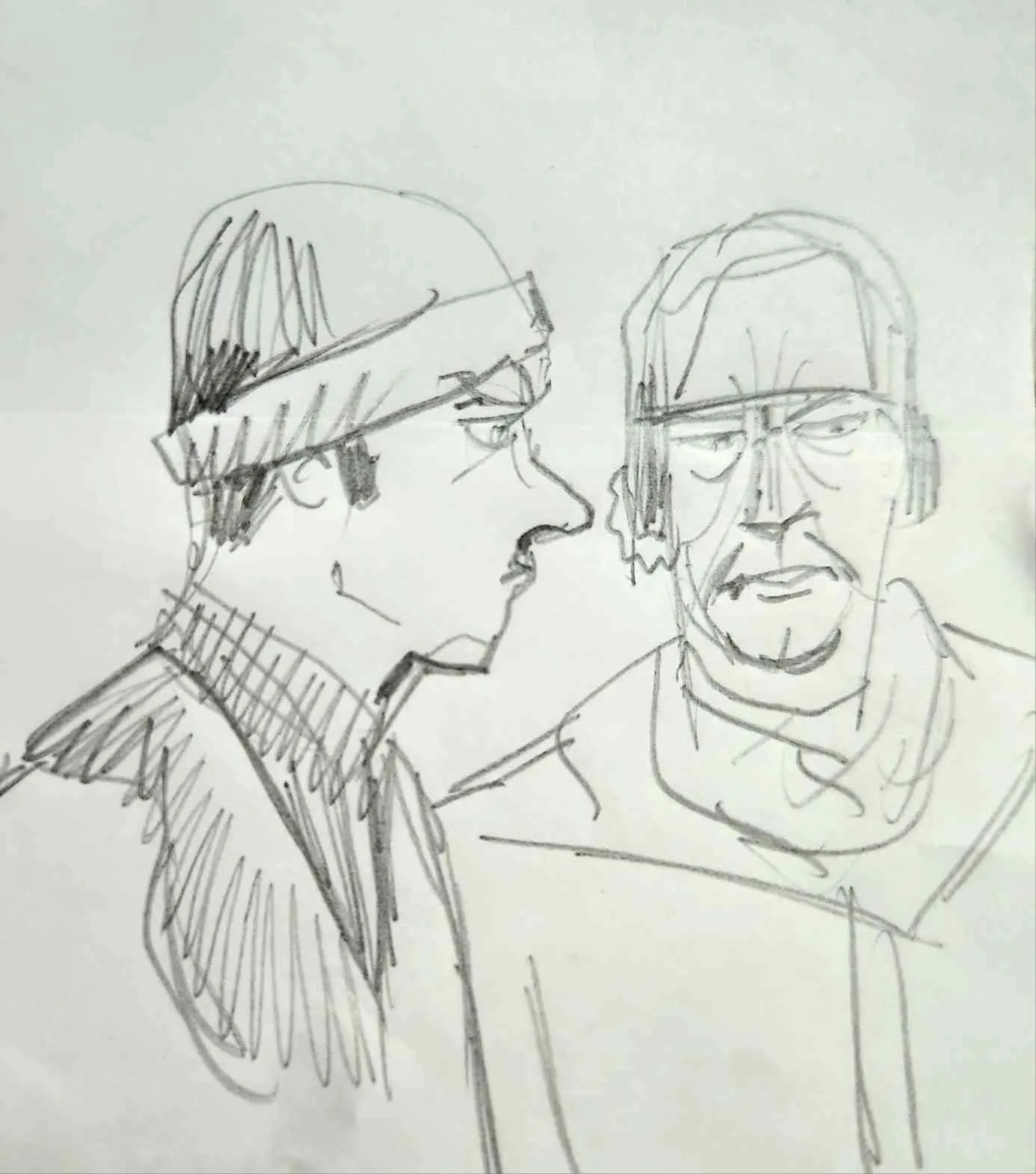 Pencil sketch of Ray Vecchio in a hat next to Bob Fraser