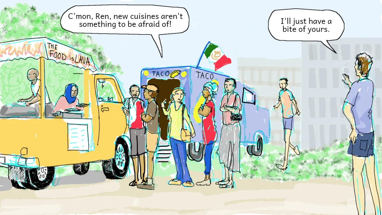 Ella is the only white girl in line to get the spicy spicy food truck