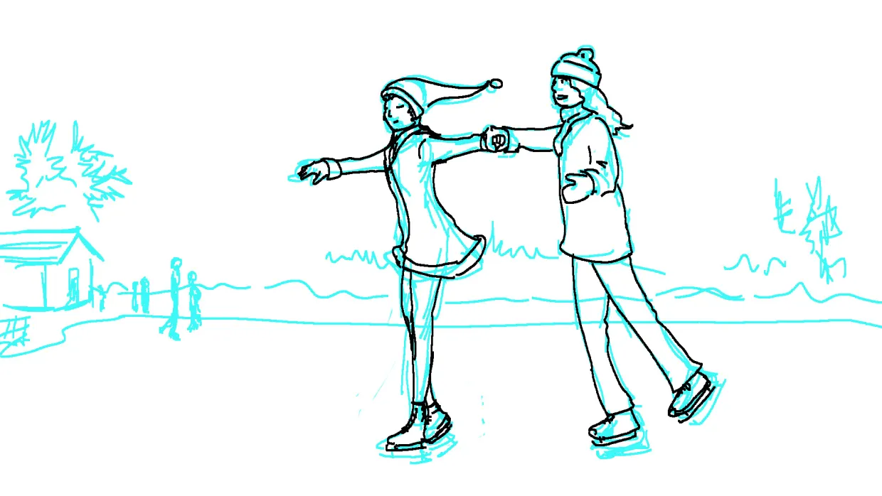 Two girls ice skating together